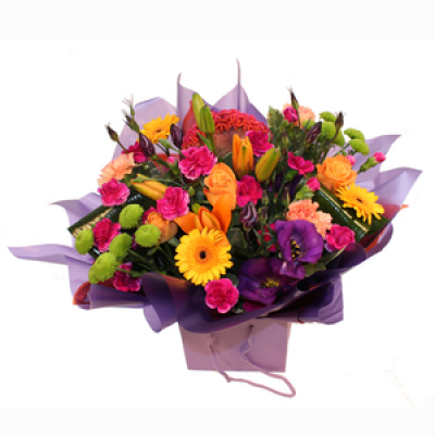 Hawaiian Dream - Beautiful tropical colour flowers to include gerbera, roses ,all gift wrapped in  giftbag and delivered in water  add 2 , 4 or 6 Chrystal cupcakes
