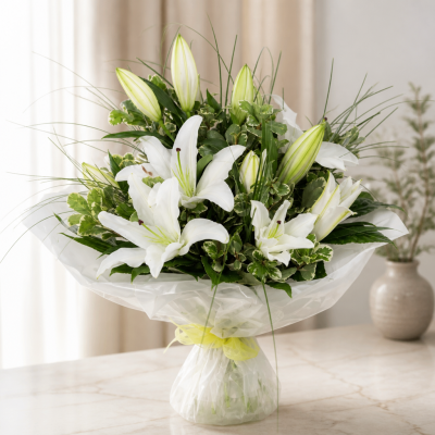 Forever Yours - Show your affection with this fabulous hand-tied  featuring white oriental lilies and foliage.