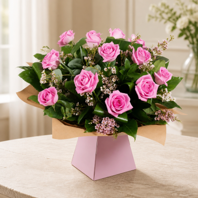 Dreamy Dozen - A hand-tied bouquet delivered in water of 12 high quality pink roses and complementary filler wrapped in paper/ cellophane in a box / bag.