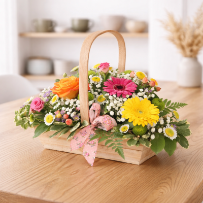 Sherbet Twist - This delightful collection of seasonal blooms is a beautiful way to send your affections. A pretty arrangement in a classic basket simply fizzing with joy and character.