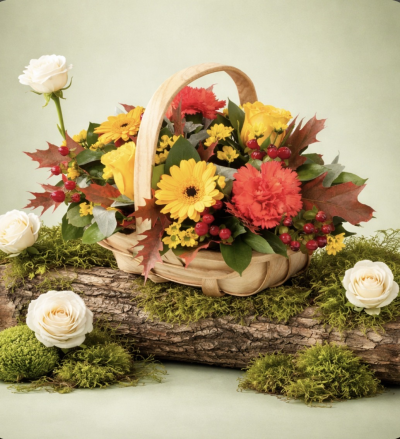 Autumn Hedgerow Basket - A collection of seasonal flowers and foliage arranged in a natural basket.