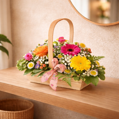 Bon Bon - Shower them with love with this cutesy collection of seasonal flowers in pretty pastels. Beautifully arranged and stylishly presented in a traditional basket.