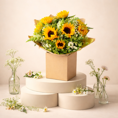 Sunshine Splendour - Radiate joy and warmth with this cheerful bouquet of sunflowers and lush greenery. Presented in a beautiful packaging, it's perfect for bringing a touch of sunshine into any space.