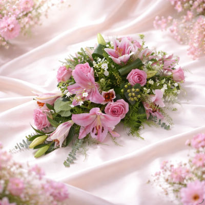 Pink Single Ended Spray - Single ended spray in oasis made in pink shades to include lillies and roses. At ##SHOP## we are delighted to present this product available for flower delivery in ##AREA## and surrounding areas.