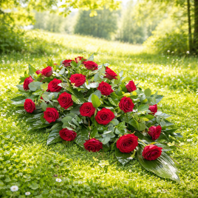 Single Ended Spray SYM-305 - This single ended spray is made using symbolic red roses for the perfect loving tribute. Same day delivery may not be possible on this design – please contact us to discuss your requirements.