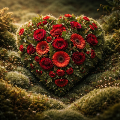 Heart SYM-323 - A full heart of elegant red and green flowers.