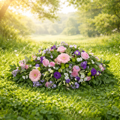 Single Ended Spray SYM-306 - This single ended spray is made using a mix of purple and pink flowers and contrasting foliage. Same day delivery may not be possible on this design – please contact us to discuss your requirements.