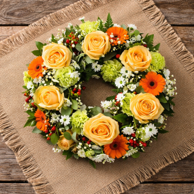 Wreath SYM-315 - A beautiful classic wreath arranged using peach and green flowers and finished with fine foliage.