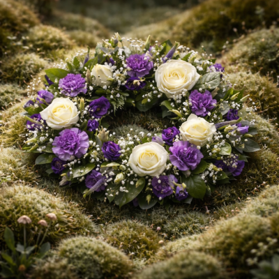 Wreath SYM-316 - A beautiful classic wreath arranged using purple and white flowers and finished with fine foliage.