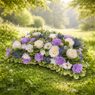 Pillow SYM-331 - Signifying a final, comfortable resting place, this open based 46cm pillow uses lilac and white flowers to create a beautiful tribute.