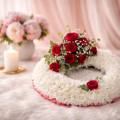 Posy SYM-344 - A delightful funeral posy featuring a white massed base and a red rose spray, handmade by our in-house florists using market fresh flowers.