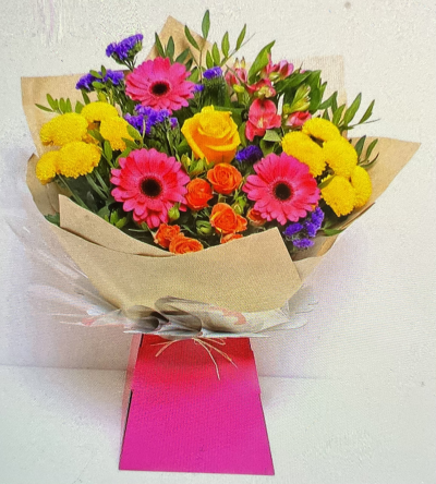 Hot pick - Hand picked selection of bright tropical colours in a hand tied bouquet delivered in water and gift bag