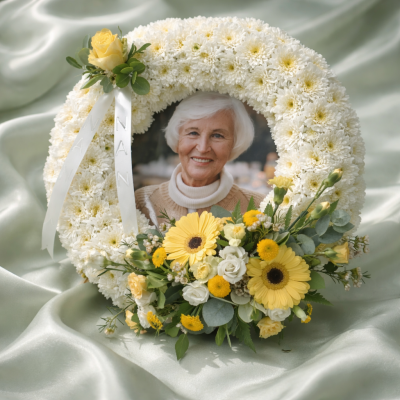 Round stand up wreath - Make it extra personal with a photo of your loved one and Ribbon with their name
This round wreath stands to make a lovely change to the normal funeral tributes , colours can be changed 
20inch high by 17inch wide
