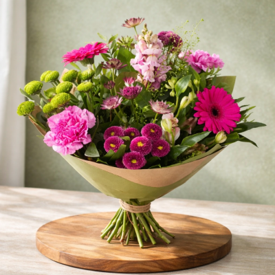 Pink Fusion - Bold, bright, and beautifully balanced — Pink Fusion is a lively celebration of colour. With its mix of vibrant pink and purple tones complemented by fresh greenery, this bouquet is perfect for marking special occasions or simply adding joy to everyday moments.