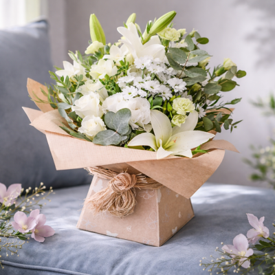 Evelyn - A fabulous collection of white and cream flowers make this the perfect gift. This bouquet will be hand delivered by the local florist.