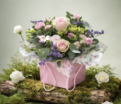 pink delight - Stunning pink, lilac and white selection of fresh flowers tied together in water with a matching presentation bag